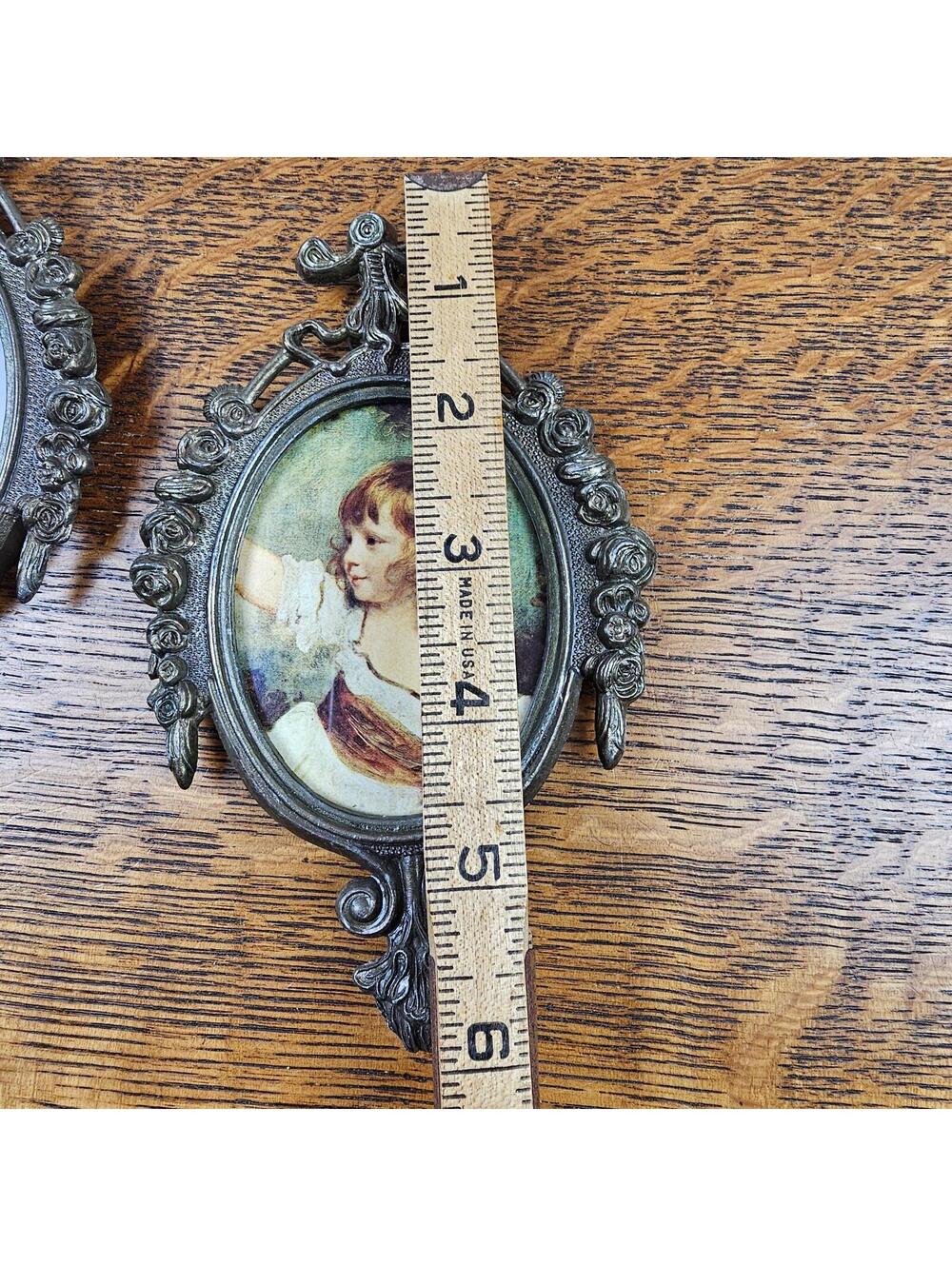 Vintage Italian Child Portrait Wall Plaques Pair Ornate Cast Metal Frames - Picture 10 of 10
